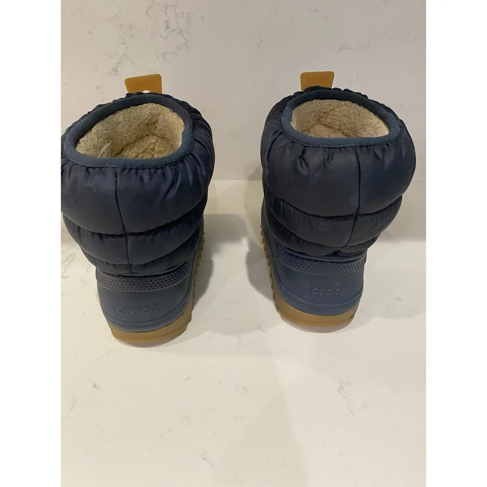 Crocs Kids Toddler Winter Puff Boots Navy Blue Faux Fur Lined Waterproof C8 EUC